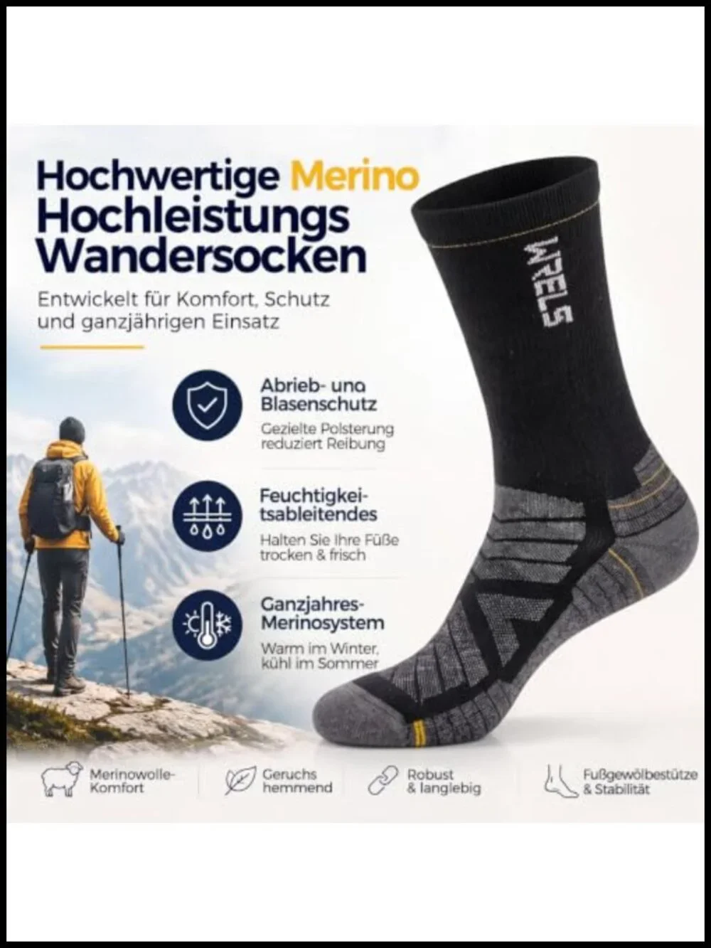 Merino Wool Hiking Socks 2 Pack Cushioned Crew Athletic Socks for Men Women